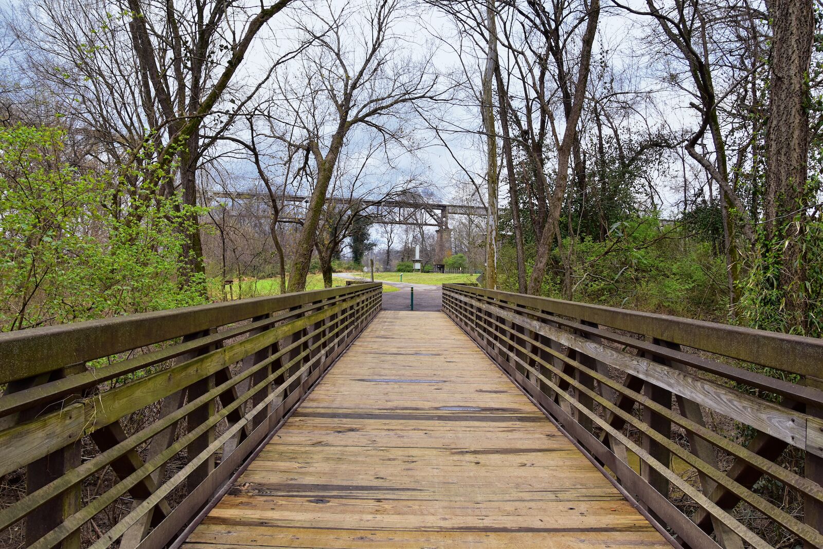 Views of Bridges and Pathways along the Shelby Bottoms Greenway and Natural Area Cumberland River frontage trails, bottomland hardwood forests, open fields, wetlands, and streams, Nashville, Tennessee
